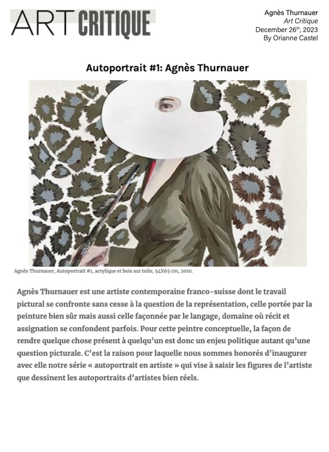 Autoportrait #1: Agns Thurnauer - Art Critique