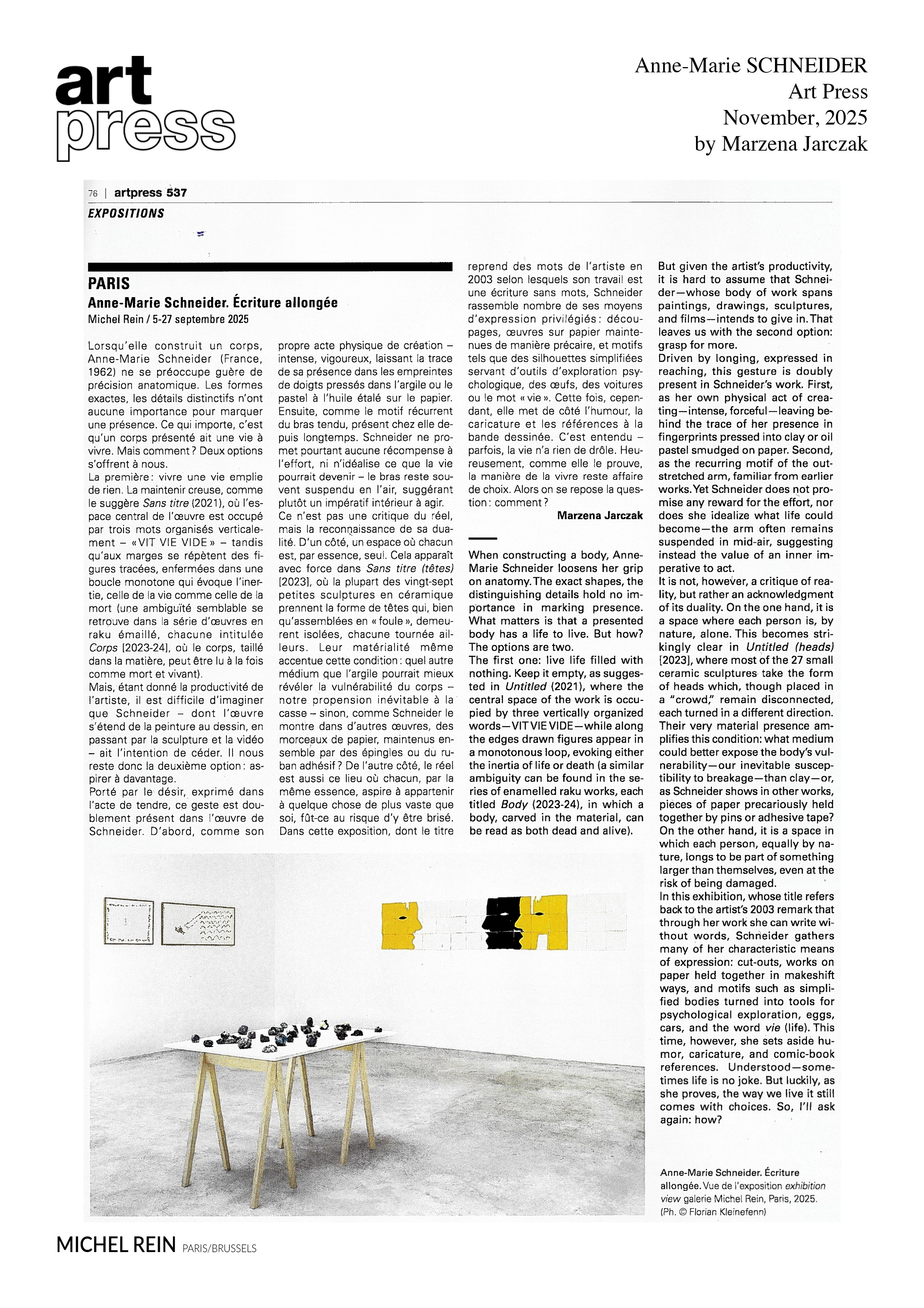 Anne-Marie Schneider, criture Allonge - Art Press