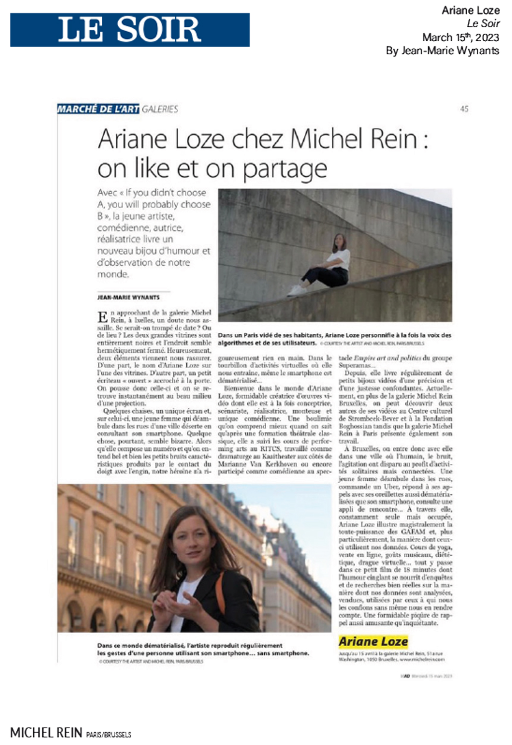 Ariane Loze chez Michel Rein - Le Soir