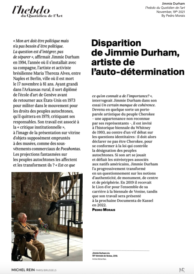 Disparition de Jimmie Durham, artiste de l'auto-détermination - Hebdo du Quotidien de l'Art