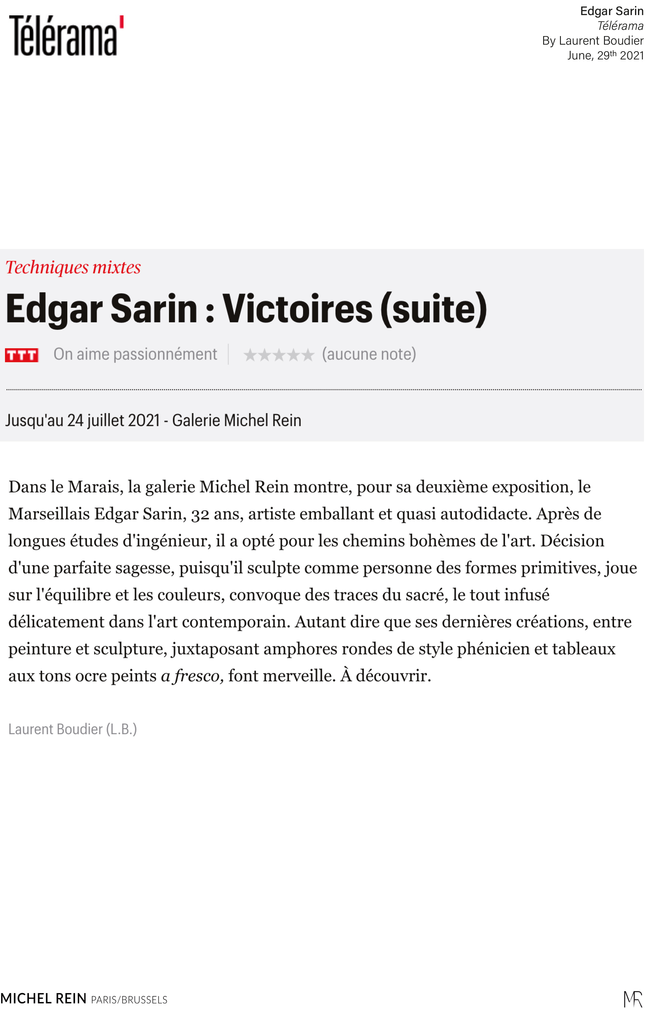 Edgar Sarin : Victoires (suite) - Télérama