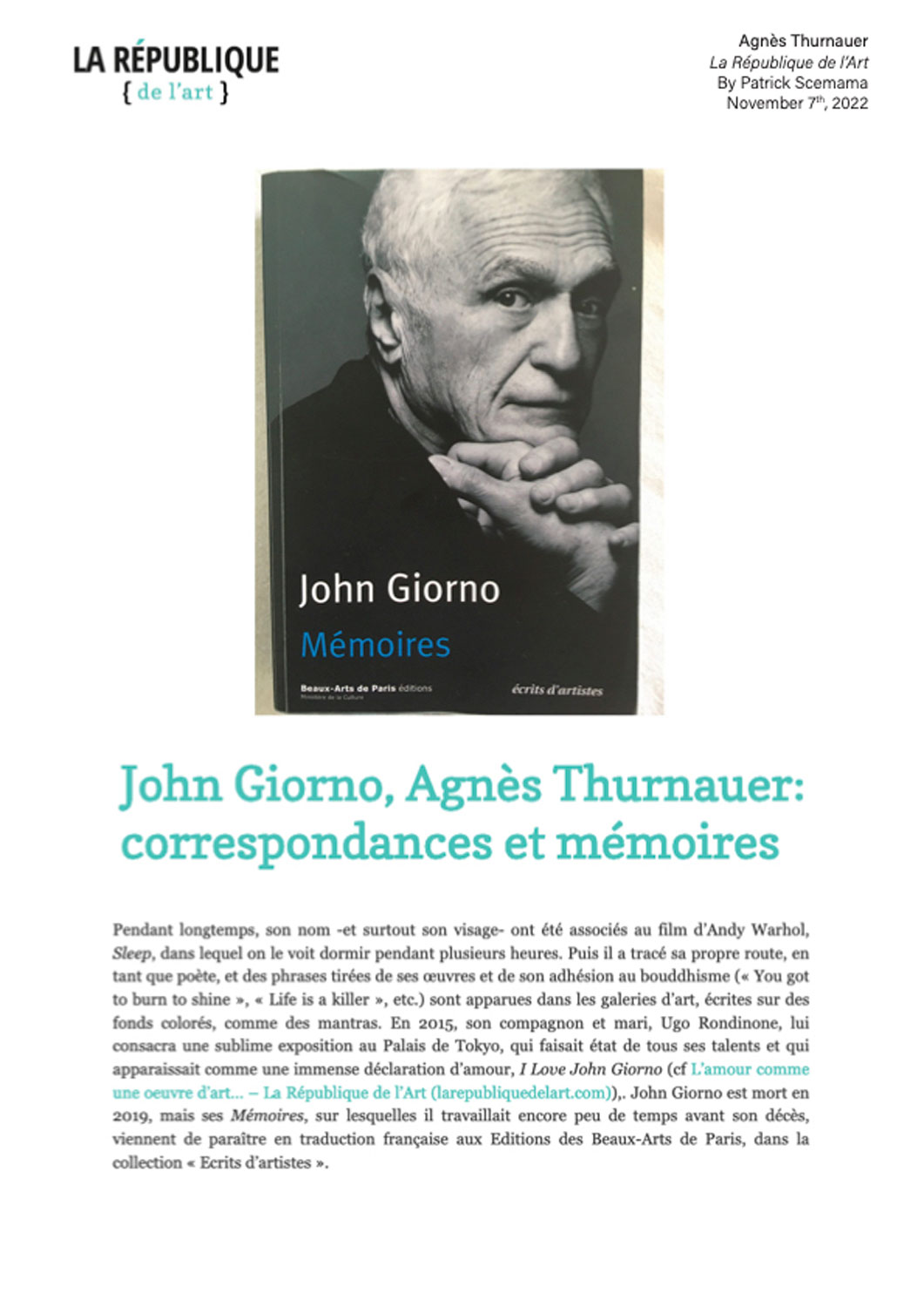 John Giorno, Agns Thurnauer: correspondances et mmoires - La République de l'art