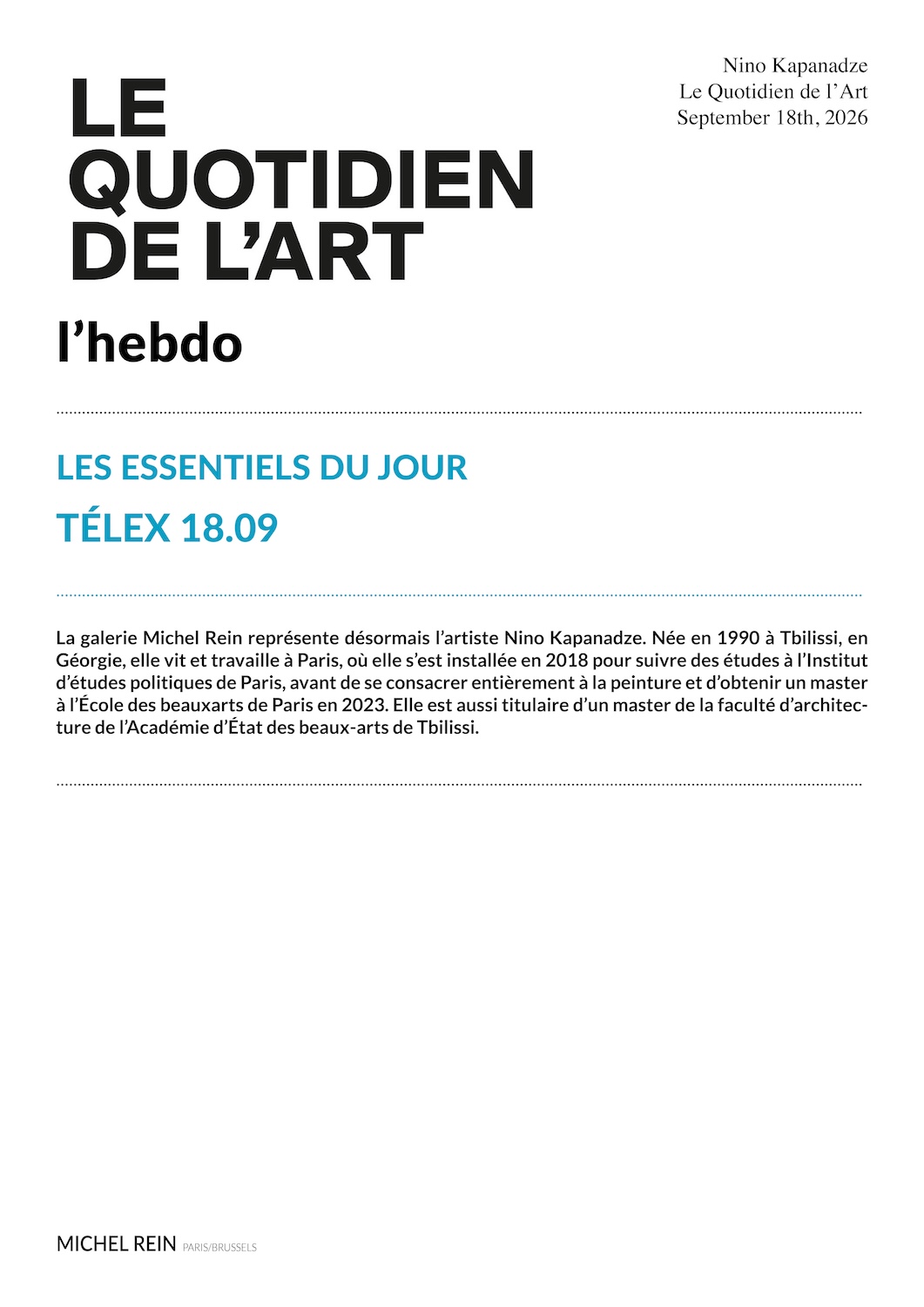 LES ESSENTIELS DU JOUR - Le Quotidien de l'Art