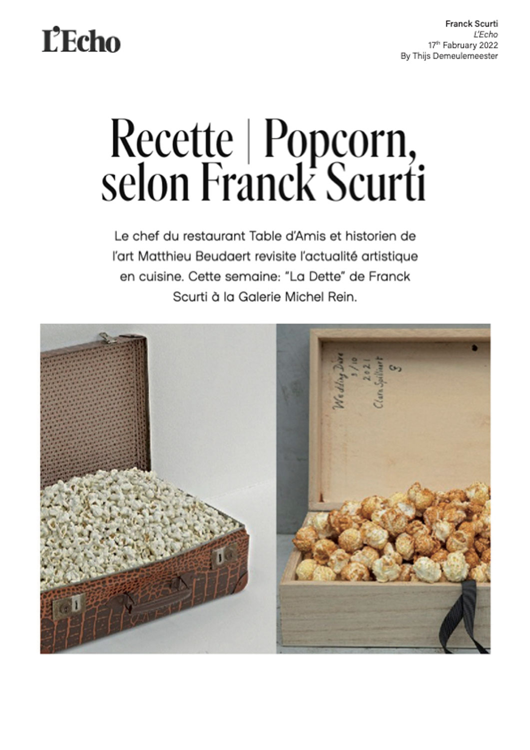 Recette | Popcorn, selon Franck Scurti - L'Echo